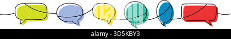 Continuous line art with six colorful speech bubbles. Modern outline design for dialogue themes Stock Vector