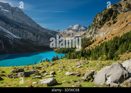 Large Boulders Dot The Grassy Meadow On The Edge Of Oeschinen Lake in Switzerland Stock Photo