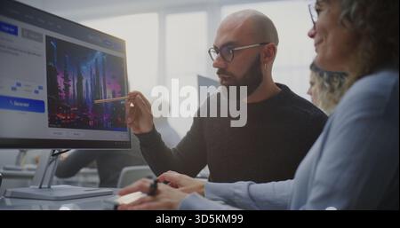 In Modern Computer Lab, Young Teacher Demonstrates Adult Student How Write Prompts For AI Generate Futuristic City Image. Concept of Innovation in Education, AI Literacy, Creative Technology Skills. Stock Photo