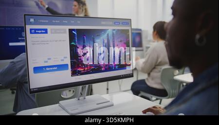 Adult Student Uses AI Generator Create Sci Fi City Visualization. African American Man Focused on Monitor Using AI Tool. Digital Innovation, Artificial Intelligence Creativity, Modern Tech Learning. Stock Photo