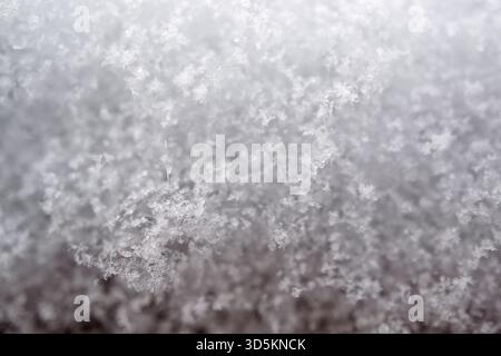 close-up photograph of a snow texture, individual flakes are visible, macro photography taken from different angles and differentiated focus Stock Photo