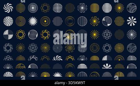 Gold and silver set of circles, semicircles and shiny halftone round symbols. Futuristic y2k vector radial shapes, golden and chrome sign collection Stock Vector
