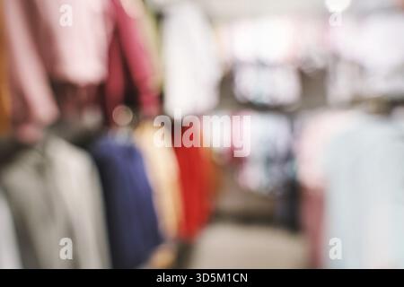 Empty blurry mall background. Defocused wallpaper. Business office interior. Light lifestyle supermarket. Bokeh effect. Holiday backdrop. Copyspace fo Stock Photo