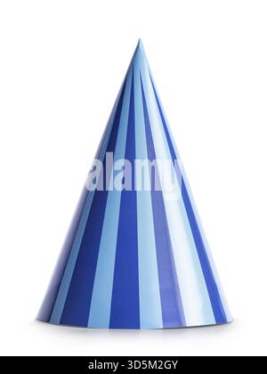 Blue paper party hat with stripes, standing on solid white background, Netherlands Stock Photo