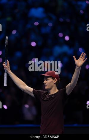 Jannik Sinner from Italy celebrates winning the ATP Finals against Carlos Alcaraz from Spain on day eight of the Nitto ATP Finals at the Inalpi Arena in Turin, Italy. Picture date: Sunday November 16, 2025. Stock Photo