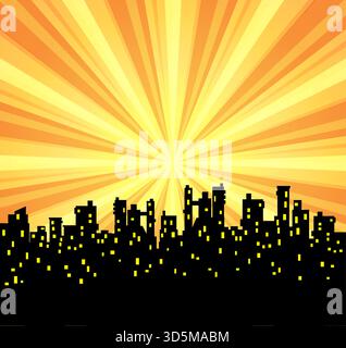 Pixel art city silhouette featuring glowing windows against a vibrant orange and yellow sunburst background, evoking retro sunrise Stock Vector