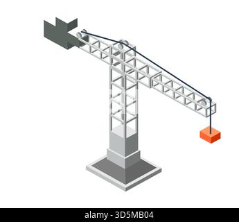 Tower crane lifting an orange block, representing construction material or a cargo, in an isometric style Stock Vector