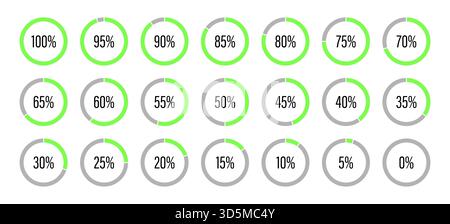 Template of neon green and gray color fill pie charts indicator. Round graph loading progress set. Green progress bars. Circle diagrams icons for Stock Vector