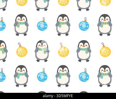Seamless Christmas pattern. Cute penguins. Isolated background. Vector illustration. Stock Vector