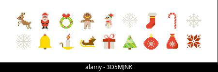 Pixel Christmas Icons Set Stock Vector