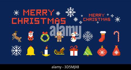 Pixel Merry Christmas Objects Set Stock Vector
