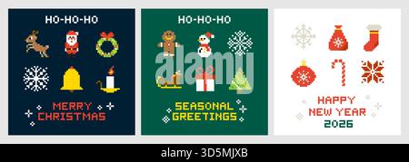 Pixel Merry Christmas Greeting Cards Stock Vector