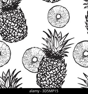 hand drawn pineapples and slices, ink sketch with bold outlines, playful tropical vibes, ideal for packaging and apparel, black and white vector hand-drawn seamless pattern in line art style. Stock Vector