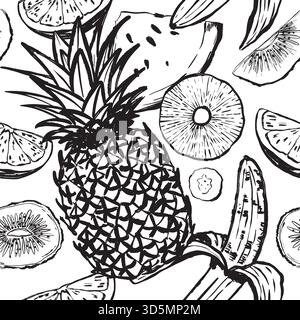 assorted tropical fruits in sketch collage, pineapple, banana, kiwi and citrus combined into seamless pattern for fashion, black and white vector hand-drawn illustration in line art style. Stock Vector