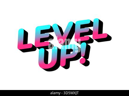 A vibrant and colorful graphic featuring the text LEVEL UP! in a bold, 3D style with a gradient of pink and blue colors. Stock Vector