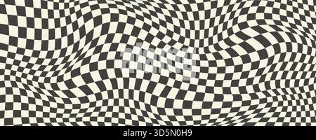 Trippy checkerboard background. Retro psychedelic checkered wallpaper. Wavy groovy chessboard surface. Distorted geometric grid chess pattern. Abstract old race flag backdrop. Vector Stock Vector
