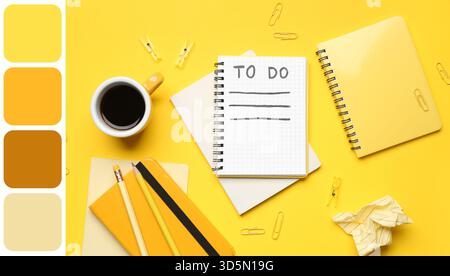 Empty to-do list with notebooks, cup of coffee and office stationery on yellow background. Different color patterns Stock Photo