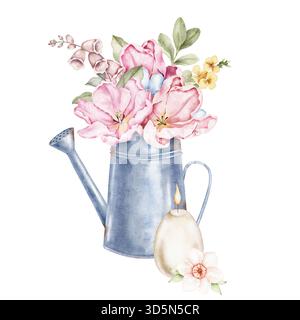 Watercolor composition featuring a metal jug with pink flowers and a hanging decorative egg with a soft flower. Ideal for Easter cards, packaging, pos Stock Photo