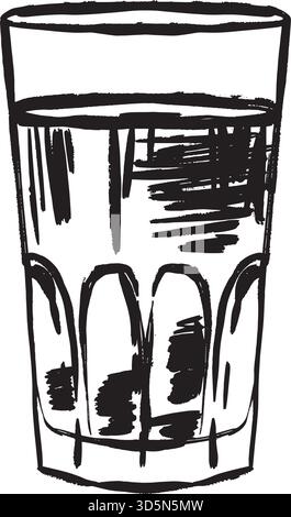 ink sketch glass of water, bold pen strokes, arched highlights and crosshatch shading, isolated on white background, calm cozy, Black and white vector hand-drawn illustration in line art style. Stock Vector