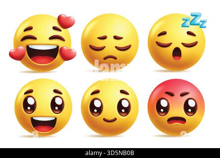 Emoji sleeping emoticon character clipart set. Yellow Emojis in in love, disappointed, sleeping, happy, smiling and angry facial expressions clip art Stock Vector