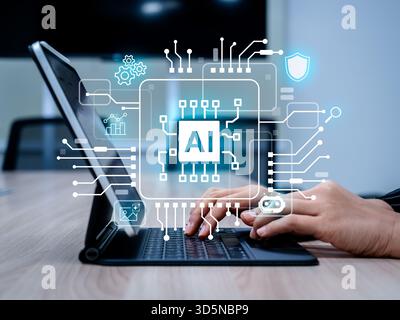 Hands typing on digital device with AI technology interface overlay. Concept of artificial intelligence, machine learning, data processing, and future Stock Photo