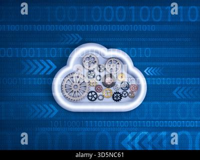 white cloud shape filled with gears on binary code background symbolizes cloud system management, digital infrastructure, automation, data processing, Stock Photo