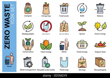 Zero waste icon set. colored icon style. containing icon compost, refill, reduce and more. zero waste element vector illustration Stock Vector