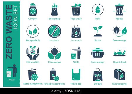 Zero waste icon set. solid icon style. containing icon compost, refill, reduce and more. zero waste element vector illustration Stock Vector