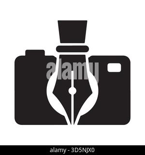 A stylized black and white icon blending a camera with a fountain pen, symbolizing creative storytelling through visuals and text. Stock Vector