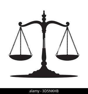 A black silhouette of a classic justice scale, representing fairness, law, and equilibrium, against a white background. Stock Vector