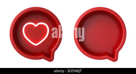 Neon love like heart and blank round speech bubble box isolated on white background 3D rendering Stock Photo