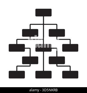A simple, black and white graphic depicting a hierarchical organizational structure with interconnected boxes representing different levels and roles. Stock Vector