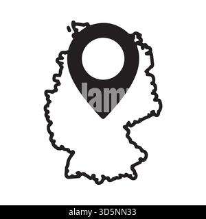 A black and white outline map of Germany with a large black location pin marker centered on the country. Stock Vector