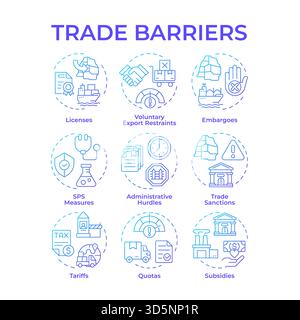 Trade barriers blue gradient concept icons Stock Vector