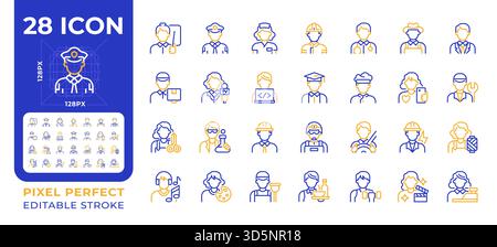 Professions pixel perfect two color line icons set Stock Vector