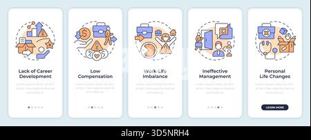 Causes of voluntary employee turnover onboarding mobile app screen Stock Vector