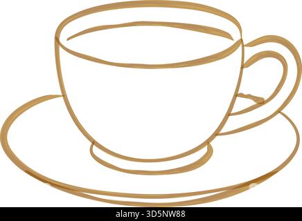 A delicate cup with curved handle resting on a saucer rendered in thin tan lines for menus and cafe graphics Stock Vector