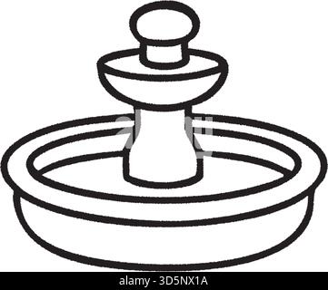 A single tier circular birdbath with central pedestal illustrated in clean black line art for garden use Stock Vector