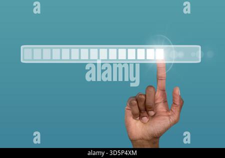 A digital hand interacts with a glowing loading bar, symbolizing technological progress, innovation, and the advancement of business and communication Stock Photo