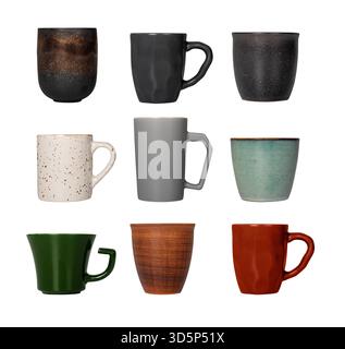 Ceramic mug collection. Stylish porcelain cups in assorted colours and finishes, minimalist modern design creating cosy home atmosphere, elegant crock Stock Photo