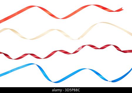 red, gold and blue gift ribbon band curly and twisted ornamental decoration isolated on white Stock Photo