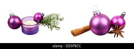 purple set of christmas decoration with ball, candle and cinnamon sticks isolated on white Stock Photo