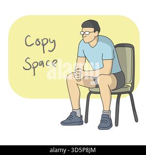 man with glasses thinking on a chair and copy space illustration vector hand drawn with black lines Stock Vector