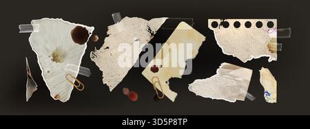 Dirty torn paper pieces set on black background. Vector realistic illustration of old ripped notebook pages with uneven edges and coffee stains, grungy collage with retro memory notes, evidence board Stock Vector