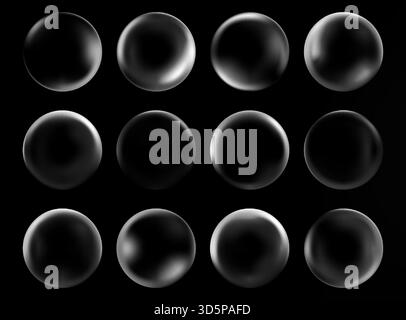 Gradient 3D sphere with abstract white light effects floating in dark background. Modern fluid bubble shapes with neon glow and soft waves. Trendy digital design with transparent blending elements. Stock Vector