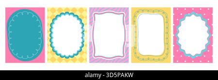 Scallop decorative frames with wavy edges and playful borders in bright pink, yellow and teal colors. Vector shapes on patterned backgrounds - polka dots, stripes and diamond grid for invitations Stock Vector