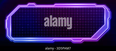 Tech grid HUD frame with cyber interface elements - purple and blue gradient neon border on dark background. Futuristic holographic UI panel with glowing sci fi screen design for gaming display. Stock Vector