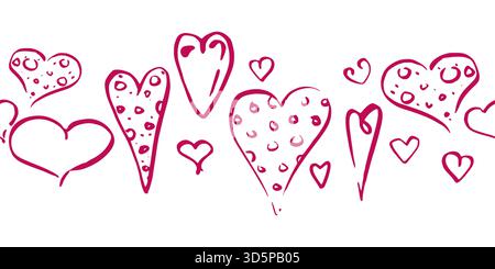 Minimalist ink heart doodles with polka dots fill flowing in horizontal border line. Isolated vector seamless banner illustration. Love wedding Stock Vector