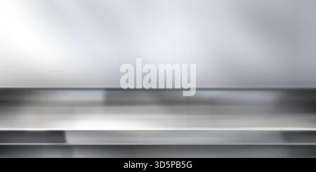 Stainless steel kitchen counter with wall background - metallic silver table top surface in modern cooking space. Industrial metal workspace with smooth polished texture and reflective finish. Stock Vector