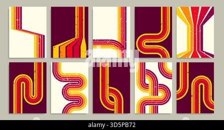 Retro groovy backgrounds with curved lines and geometric patterns in warm 70s and 80s color stripes and waves. Vintage grain textured disco posters or creative covers for nostalgic design projects. Stock Vector